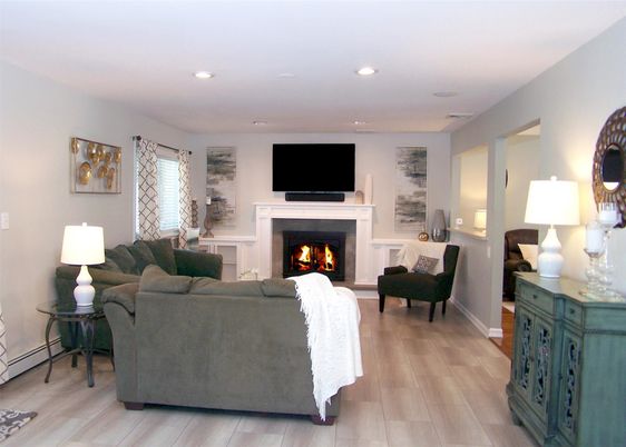 Fireplace, Interior, Living room, Recessed Lighting, Wood Texture Flooring