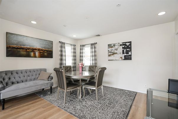 Dining room, Interior, Recessed Lighting, Wood Texture Flooring