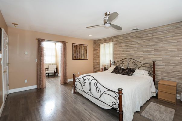 Bedroom, Interior, Recessed Lighting, Wood Texture Flooring, Wooden Walls