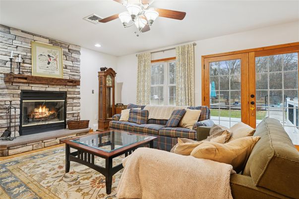 Fireplace, Interior, Living room, Recessed Lighting, Stone Walls