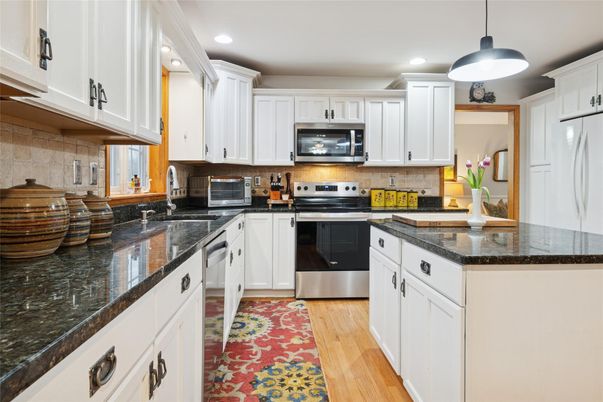 Interior, Kitchen, Pendant Lights, Recessed Lighting, Stainless Steel Appliances, Wood Texture Flooring