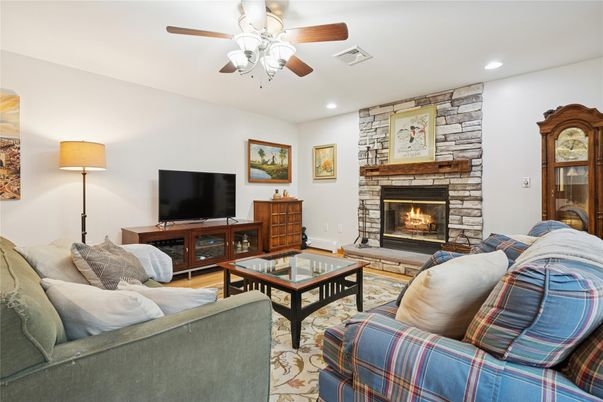 Fireplace, Interior, Living room, Recessed Lighting, Stone Walls