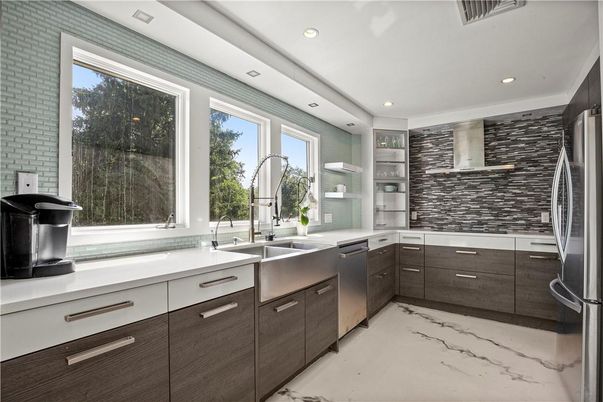 Interior, Kitchen, Marble, Recessed Lighting, Stainless Steel Appliances