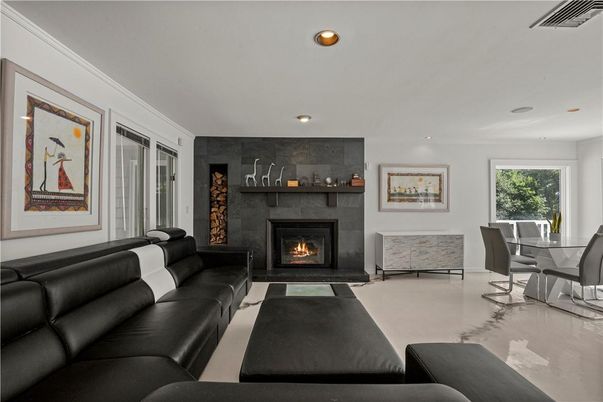 Dining room, Fireplace, Interior, Living room, Recessed Lighting