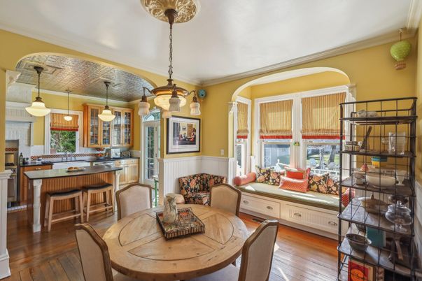 Dining room, Interior, Pendant Lights, Wood Texture Flooring