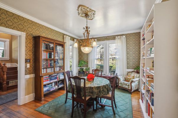 Dining room, Interior, Pendant Lights, Wood Texture Flooring