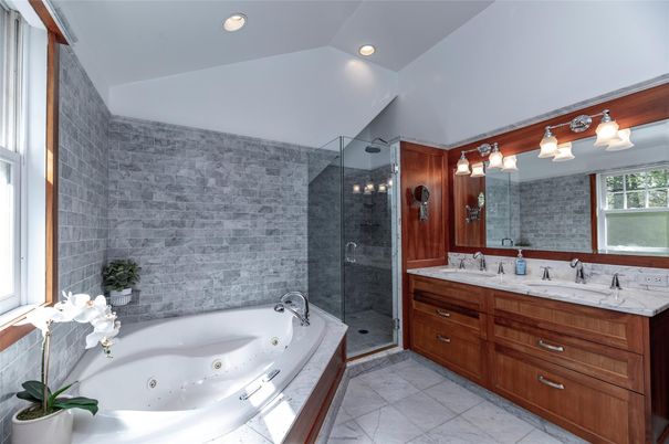 Bathroom, Dual Sink Vanities, Glass Shower, Interior, Recessed Lighting, Stone Walls