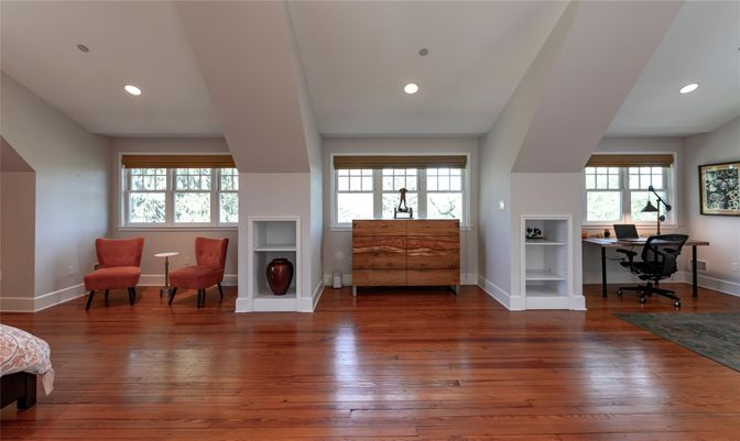 Fireplace, Home Office, Interior, Recessed Lighting, Wood Texture Flooring
