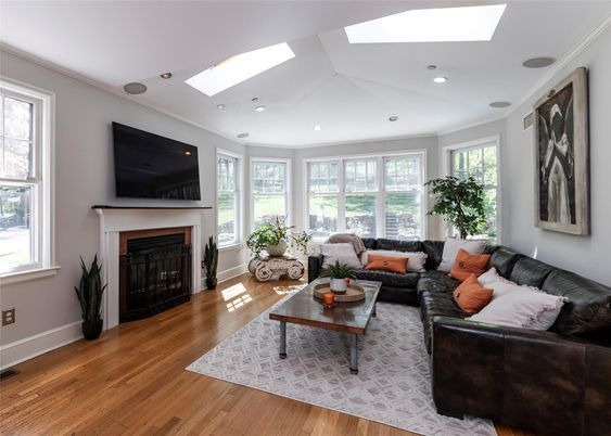 Fireplace, Interior, Living room, Recessed Lighting, Wood Texture Flooring