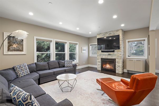 Fireplace, Interior, Living room, Recessed Lighting, Wood Texture Flooring