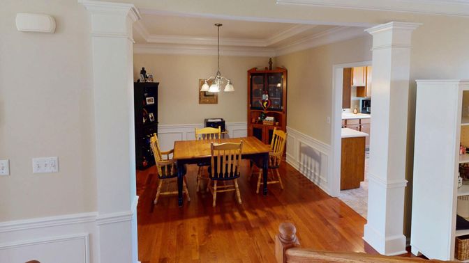 Dining room, Interior, Pendant Lights, Wood Texture Flooring
