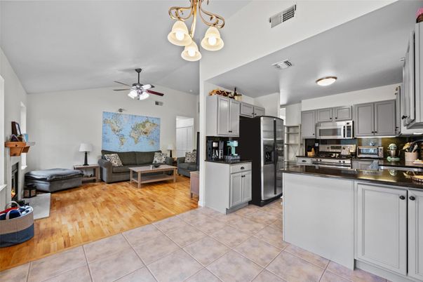 Interior, Kitchen, Living room, Stainless Steel Appliances, Wood Texture Flooring
