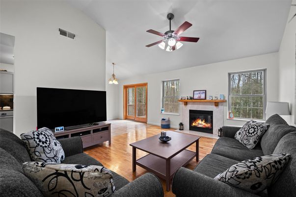 Fireplace, Interior, Living room, Pendant Lights, Wood Texture Flooring