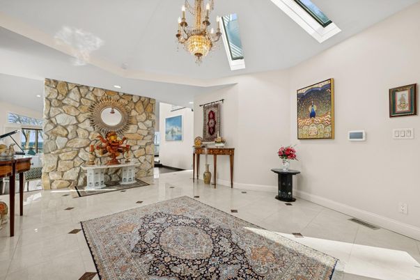 Chandelier, Interior, Piano, Recessed Lighting, Stone Walls