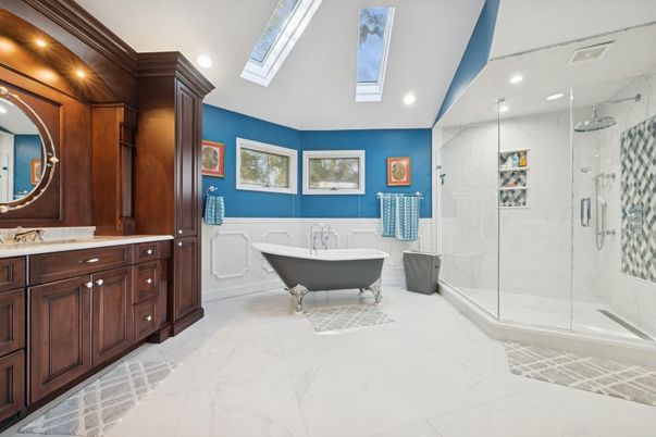Bathroom, Dual Sink Vanities, Free Standing Baths, Glass Shower, Interior, Marble, Marble Walls, Recessed Lighting