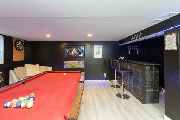 Billiard Table, Game Room, Interior, Recessed Lighting, Wood Texture Flooring