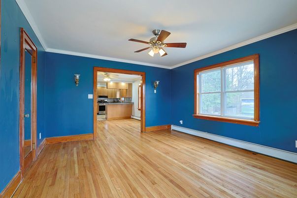 Empty room, Interior, Kitchen, Stainless Steel Appliances, Wood Texture Flooring