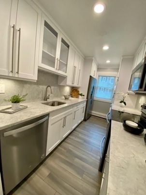 Interior, Kitchen, Recessed Lighting, Stainless Steel Appliances, Wood Texture Flooring