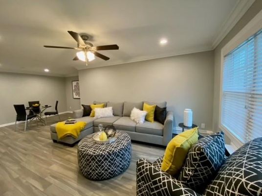 Dining room, Interior, Living room, Recessed Lighting, Wood Texture Flooring