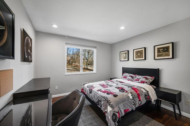 Bedroom, Interior, Recessed Lighting, Wood Texture Flooring