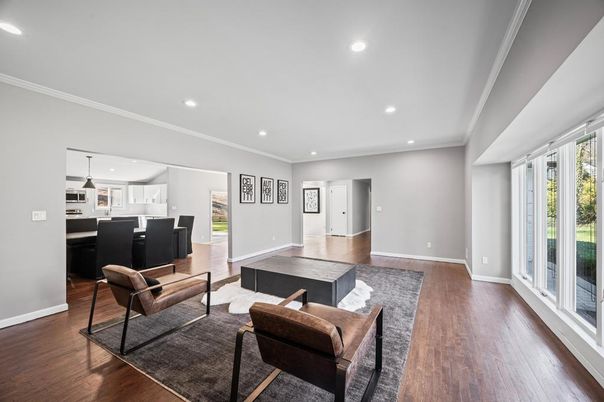 Interior, Kitchen, Living room, Recessed Lighting, Wood Texture Flooring