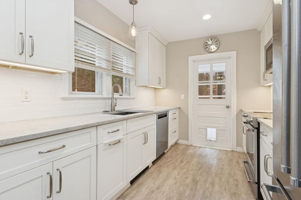 Interior, Kitchen, Pendant Lights, Recessed Lighting, Stainless Steel Appliances, Wood Texture Flooring