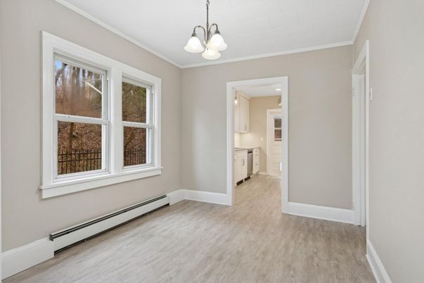 Chandelier, Empty room, Interior, Kitchen, Pendant Lights, Recessed Lighting, Wood Texture Flooring