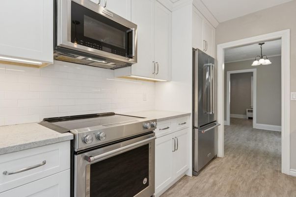 Interior, Kitchen, Pendant Lights, Stainless Steel Appliances, Wood Texture Flooring