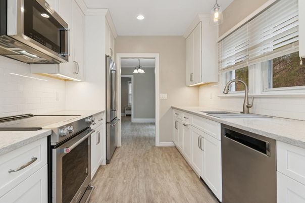 Interior, Kitchen, Pendant Lights, Recessed Lighting, Stainless Steel Appliances, Wood Texture Flooring