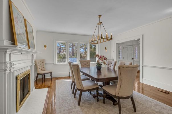 Dining room, Fireplace, Interior, Pendant Lights, Wood Texture Flooring