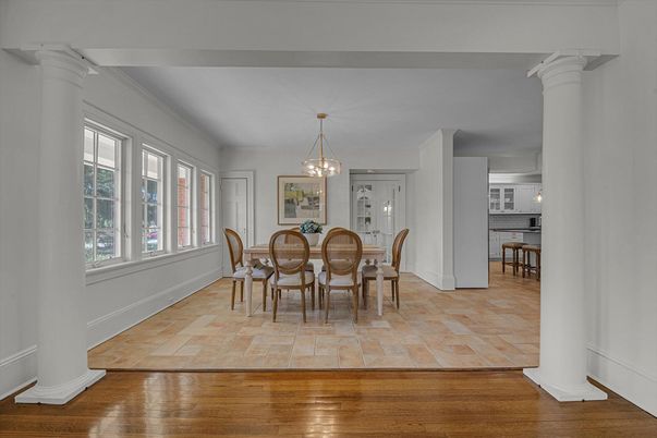 Dining room, Interior, Pendant Lights, Wood Texture Flooring