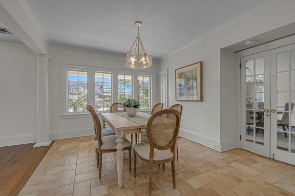 Dining room, Interior, Pendant Lights, Wood Texture Flooring