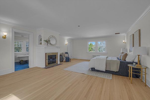 Bedroom, Fireplace, Interior, Wood Texture Flooring