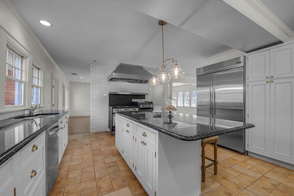 Interior, Kitchen, Pendant Lights, Recessed Lighting, Stainless Steel Appliances, Stone Walls