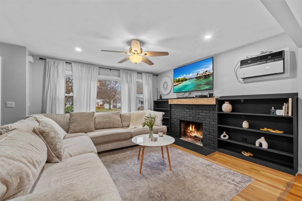 Fireplace, Interior, Living room, Recessed Lighting, Wood Texture Flooring