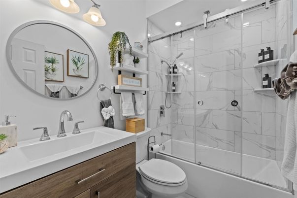 Bathroom, Glass Shower, Interior, Marble Walls, Recessed Lighting