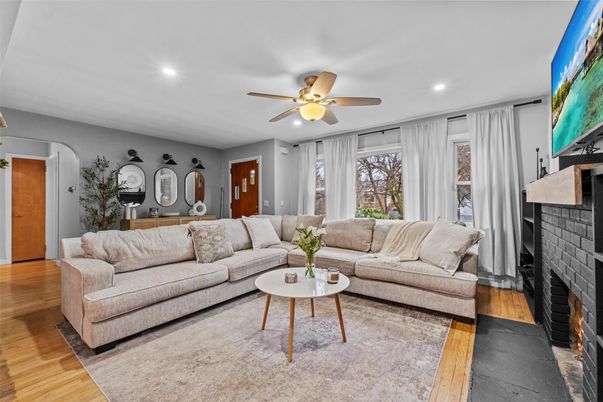 Fireplace, Interior, Living room, Recessed Lighting, Wood Texture Flooring