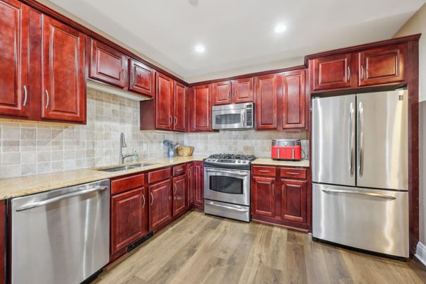 Interior, Kitchen, Recessed Lighting, Stainless Steel Appliances, Wood Texture Flooring