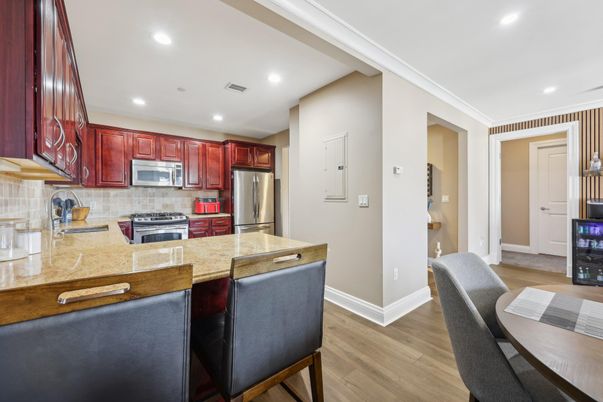 Interior, Kitchen, Recessed Lighting, Stainless Steel Appliances, Wood Texture Flooring