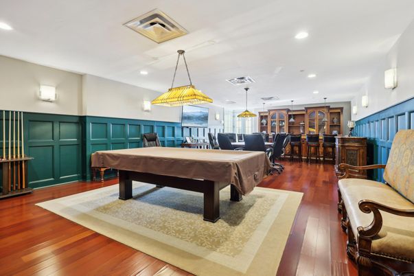 Billiard Table, Dining room, Game Room, Interior, Pendant Lights, Recessed Lighting, Wood Texture Flooring