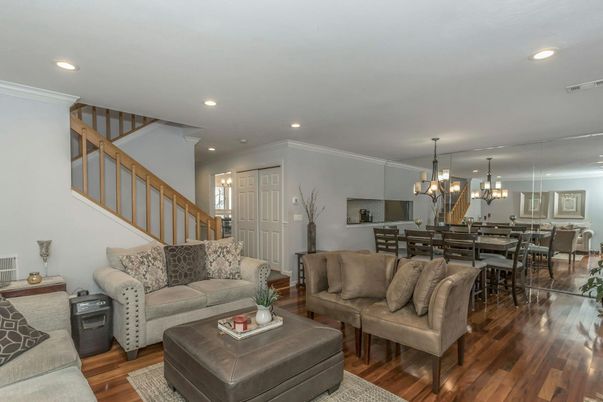 Chandelier, Dining room, Interior, Living room, Pendant Lights, Recessed Lighting, Wood Texture Flooring