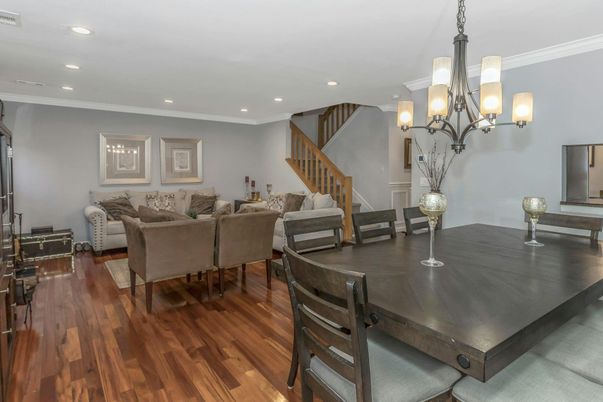 Chandelier, Dining room, Interior, Living room, Recessed Lighting, Wood Texture Flooring