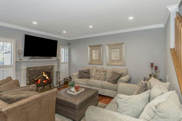 Fireplace, Interior, Living room, Recessed Lighting, Wood Texture Flooring