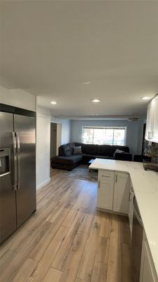 Interior, Kitchen, Living room, Recessed Lighting, Stainless Steel Appliances, Wood Texture Flooring
