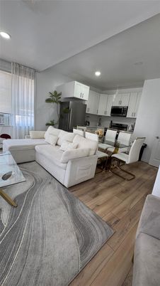 Interior, Kitchen, Living room, Recessed Lighting, Stainless Steel Appliances, Wood Texture Flooring