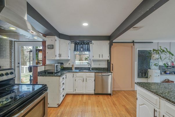 Interior, Kitchen, Recessed Lighting, Stainless Steel Appliances, Wood Texture Flooring