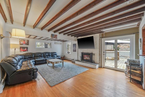 Fireplace, Interior, Living room, Stone Walls, Wooden Beams, Wood Texture Flooring