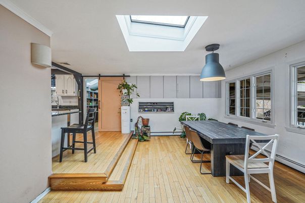 Dining room, Interior, Kitchen, Pendant Lights, Wood Texture Flooring