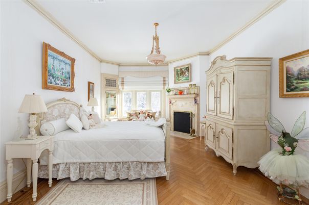 Bedroom, Fireplace, Interior, Pendant Lights, Wood Texture Flooring