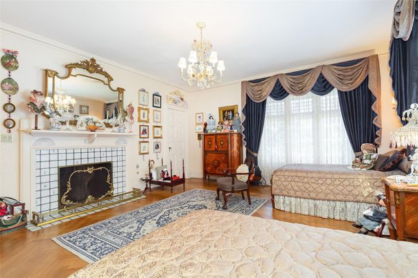 Bedroom, Chandelier, Fireplace, Interior, Wood Texture Flooring